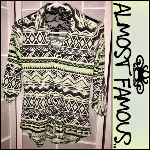 Almost Famous Tops - Almost Famous neon Aztec Print lace back  shirt